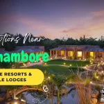 image for Ranthambore stay options showing a resort illuminated at dusk, a Bengal tiger walking in the foreground, and text overlay advertising resorts and jungle lodges.