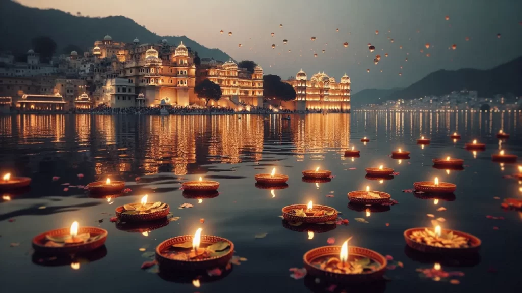 Image of Lake Pichola in Udaipur during Diwali evening — floating diyas on water, City Palace glowing with golden lights, reflection in the lake, soft bokeh background, peaceful atmosphere - Best Places to Visit in Rajasthan During Diwali