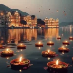 Image of Lake Pichola in Udaipur during Diwali evening — floating diyas on water, City Palace glowing with golden lights, reflection in the lake, soft bokeh background, peaceful atmosphere - Best Places to Visit in Rajasthan During Diwali