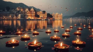 Best Places to Visit in Rajasthan During Diwali Holidays Image of Lake Pichola in Udaipur during Diwali evening — floating diyas on water, City Palace glowing with golden lights, reflection in the lake, soft bokeh background, peaceful atmosphere - Best Places to Visit in Rajasthan During Diwali