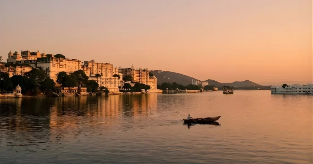 Udaipur Tour with Boat Ride & City Palace Entry showing a boat on Lake Pichola during sunset with the City Palace on the lakeside.