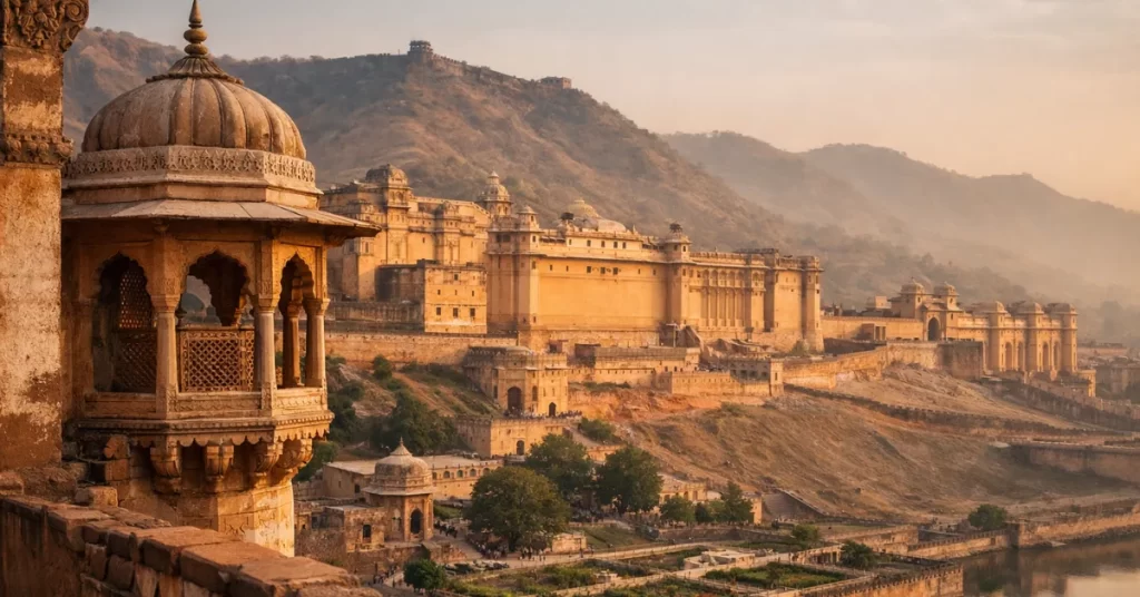 Rajasthan forts and palaces tour showing Amber Fort Jaipur with royal architecture, sandstone walls, hilltop fort design, and traditional Rajput palace details