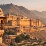 Rajasthan forts and palaces tour showing Amber Fort Jaipur with royal architecture, sandstone walls, hilltop fort design, and traditional Rajput palace details